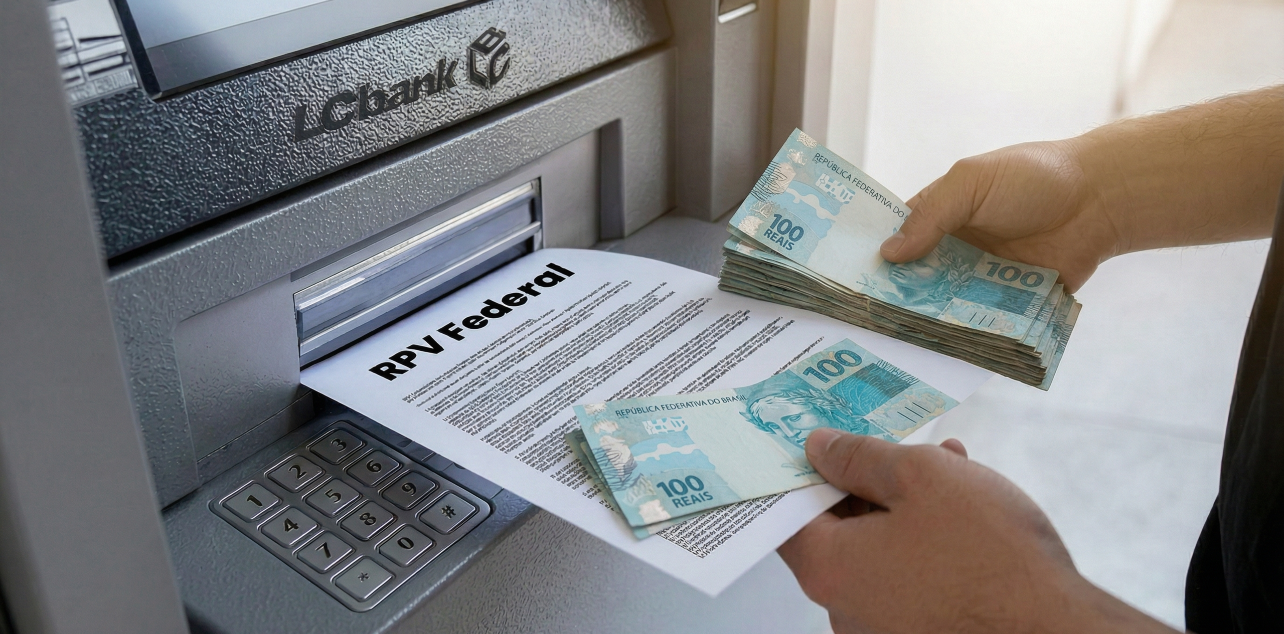 Mãos pegam notas de 100 reais em caixa eletrônico com documento RPV Federal