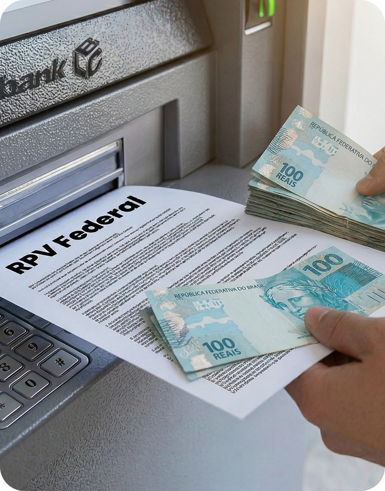 Mão com notas de 100 reais e documento RPV Federal em caixa eletrônico