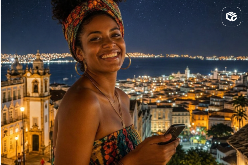 Mulher sorri com celular em paisagem urbana noturna brasileira