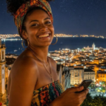 Mulher sorri com celular em paisagem urbana noturna brasileira