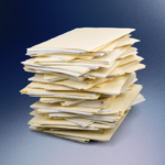Pilha alta de documentos e pastas de papel organizadas de forma irregular sobre uma superfície lisa. Os arquivos estão empilhados verticalmente, formando uma coluna de papéis em tons claros. O fundo apresenta um gradiente nas cores azul escuro e cinza, com iluminação suave que destaca o volume e a quantidade de documentos. No canto superior esquerdo há um pequeno logotipo branco dentro de um quadrado com cantos arredondados.
